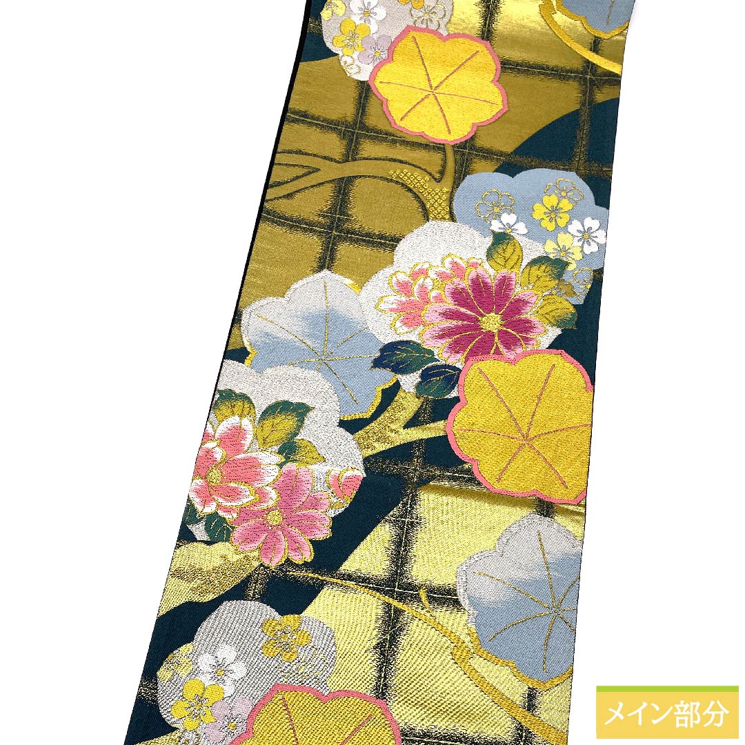 袋帯 高麗納戸色(こうらいなんどいろ) 梅 桜 花模様 石畳 帯丈430cm 正絹 Sランク 六通 フォーマル 緑系 1123010482319