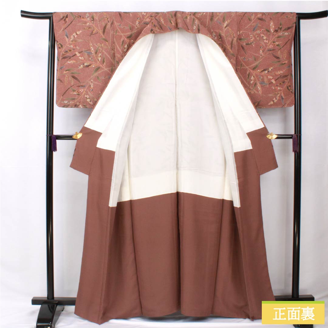 小紋 正絹 身丈162.5cm 裄丈64cm 袷 栗梅色(くりうめいろ) 型染 枝 更紗 しつけ糸付き Sランク 茶系 1115005622414