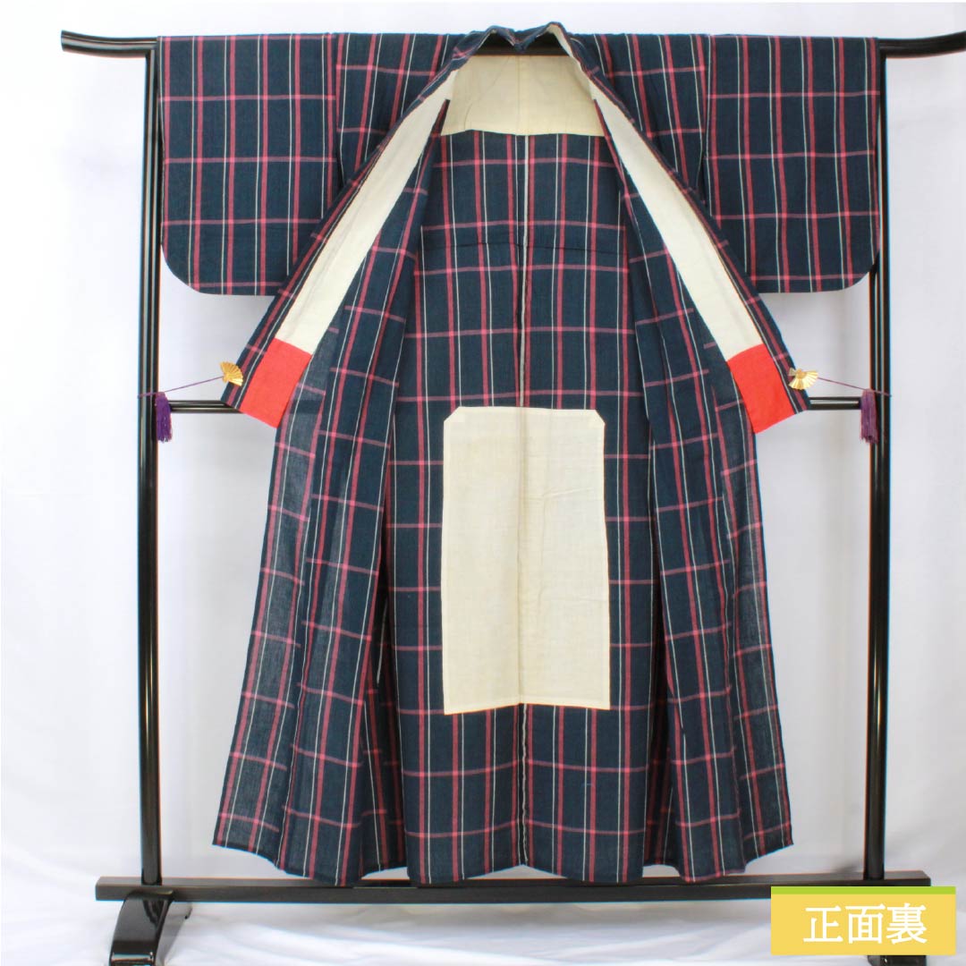 浴衣 木綿 身丈154cm 裄丈65cm Bランク 単衣 紺系 印度藍色(いんどあいいろ) しじら織 格子 1118005624218