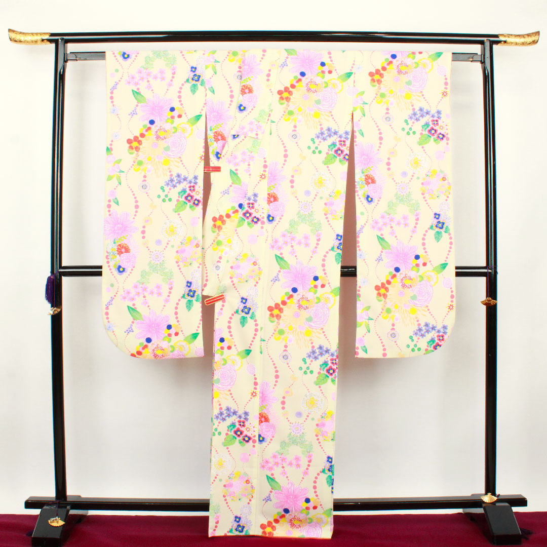 振袖 身丈166cm 裄丈68cm 袷 象牙色 洗える着物 花模様 ポリ Sランク クリーム系 1113001032515