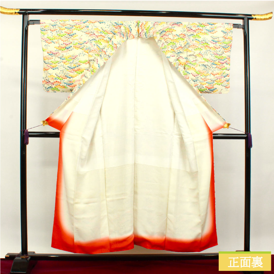 小紋 クリーム系 身丈152.5cm 裄丈67.5cm 袷 乳白色 松 鶴 正絹 Aランク 1115003743215