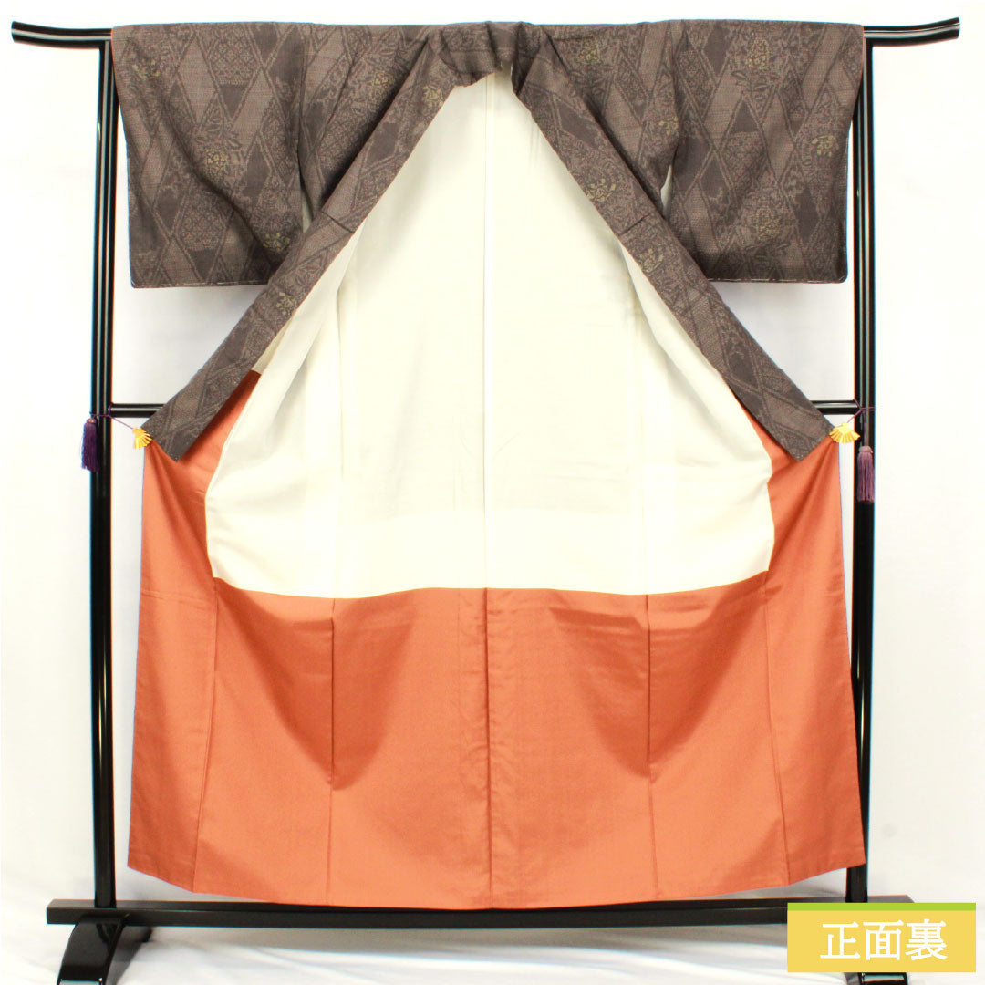 結城紬 正絹 身丈157.5cm 裄丈64.5cm 黝色 抽象模様 しつけ糸付き 未使用品 Sランク 袷 グレー系 1116003322322