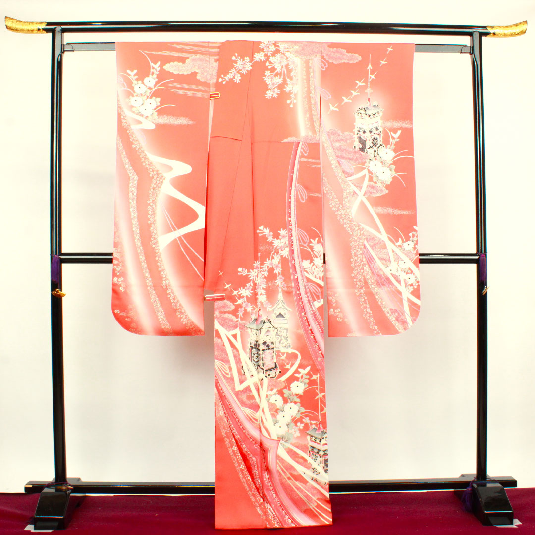 振袖 身丈166cm 裄丈63cm 袷 中紅色 鉾 草花模様 正絹 Aランク 朱系 1113001463516