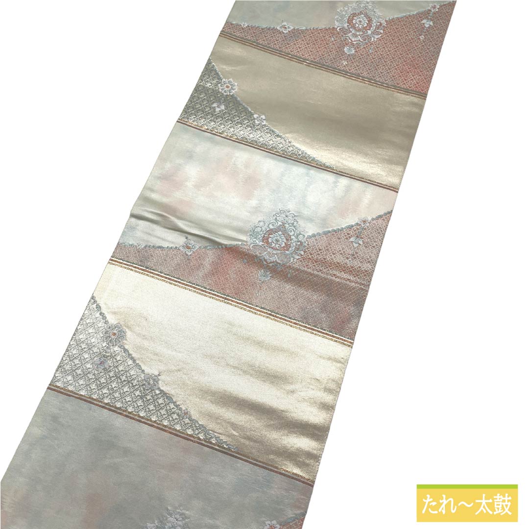 袋帯 正絹 Aランク 銀色(ぎんいろ) 引箔 抽象柄 帯丈414cm 六通 セミフォーマル 銀系 1123018453322