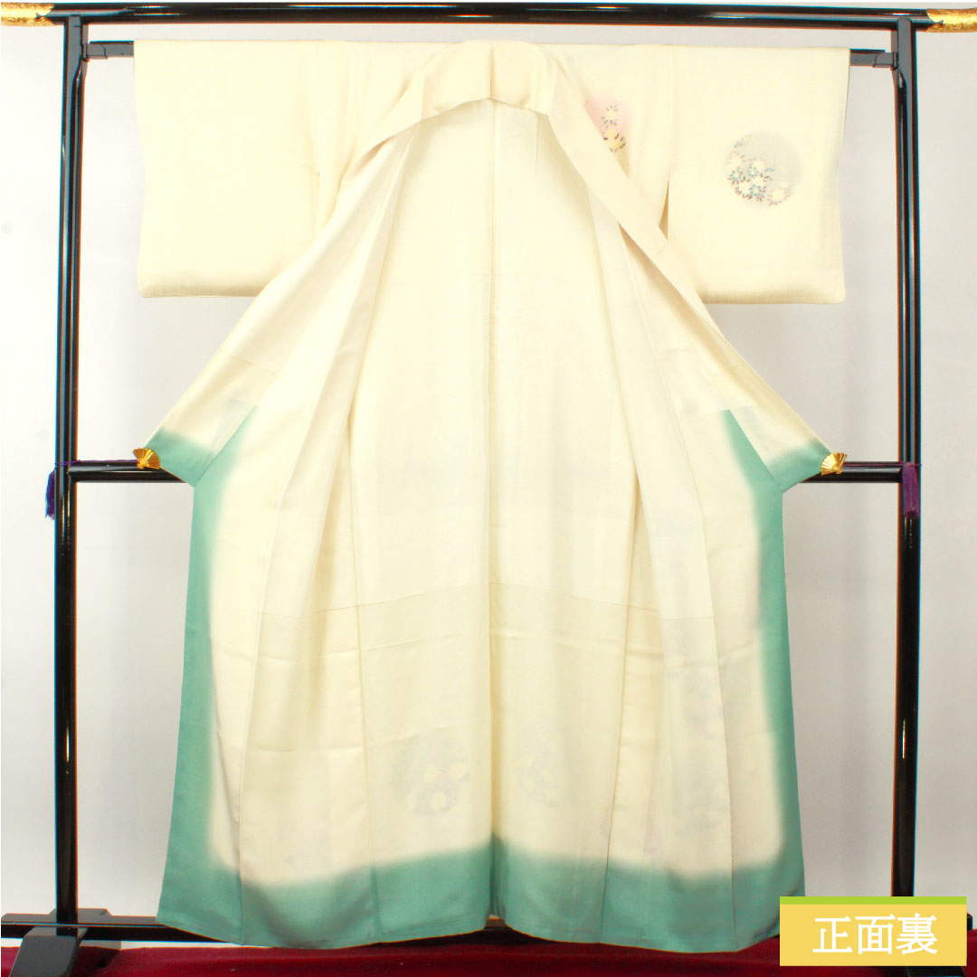 Homongi, pure silk, lined, length 158cm, sleeve length 62.5cm, Neriiro, Kyoto Yuzen, floral pattern, A rank, cream color, 1112004253315