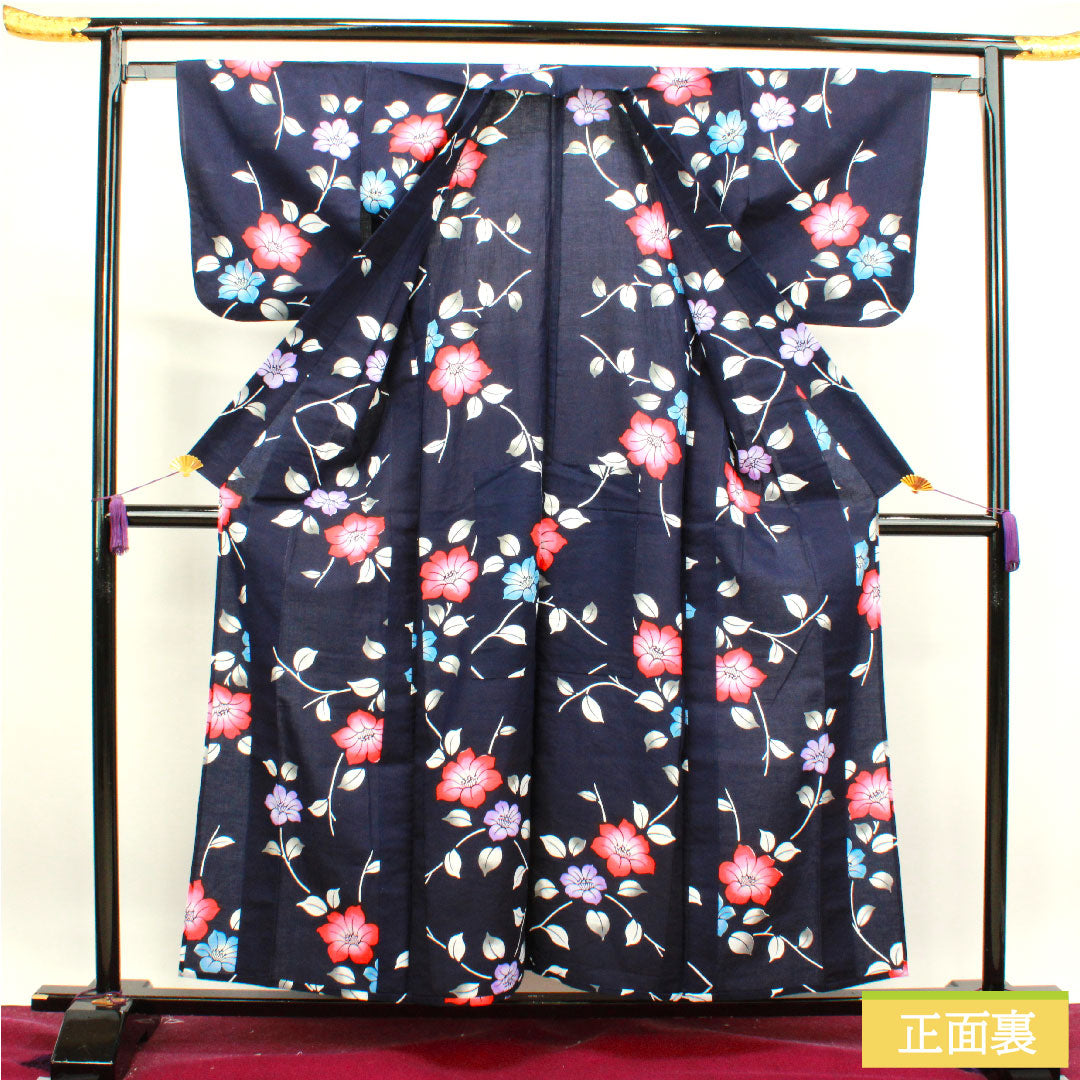 浴衣 木綿 身丈157cm 裄丈62.5cm Aランク 単衣 紺系 濃紺色(のうこんいろ) 椿 1118004593318