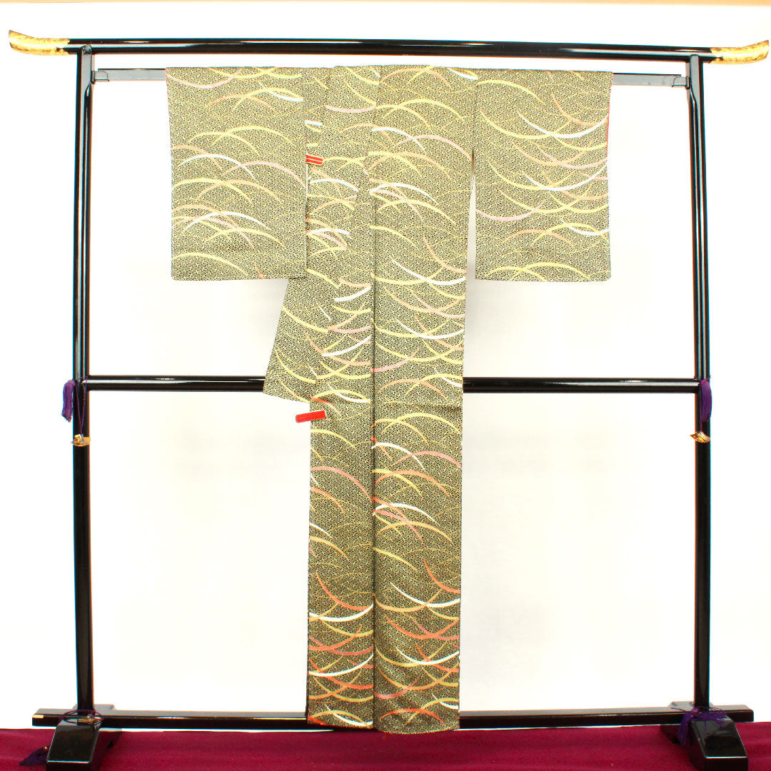 小紋 身丈156.5cm 裄丈61.5cm 袷 紗綾形 芝草 正絹 Aランク 黒系 1115002683310