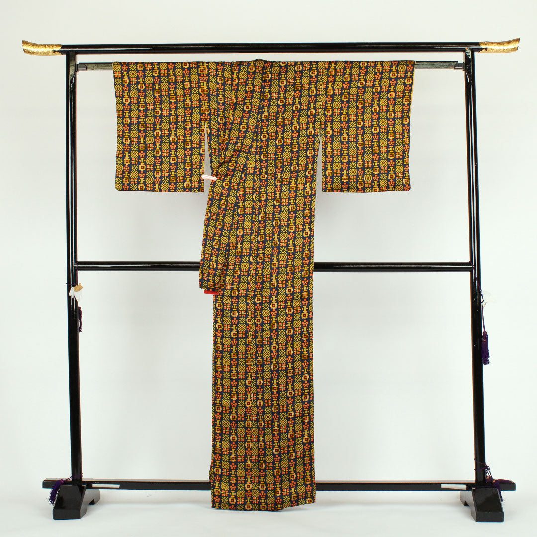 小紋 身丈162.5cm 裄丈65cm 袷 オシャレ小紋 正絹 Sランク 紺系 1115000132318