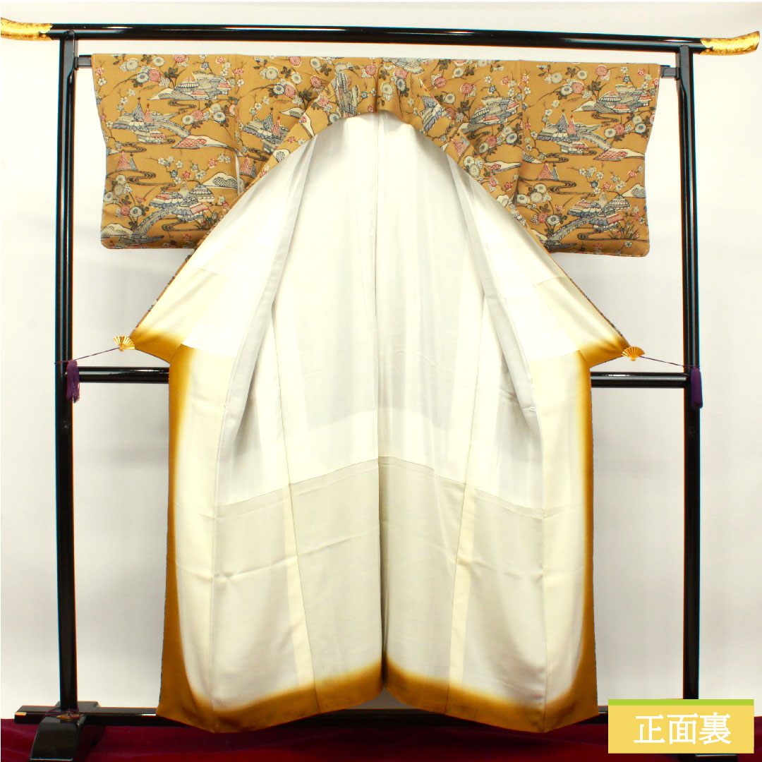 小紋 正絹 身丈154.5cm 裄丈67cm 袷 猟虎色 京紅型 茶屋辻 しつけ糸付き Sランク 茶系 1115003702214