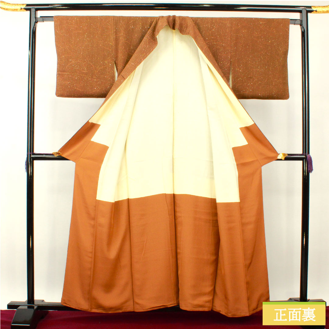 Komon, pure silk, length 158.5cm, sleeve length 64cm, lined, tobiiro (black-and-white) tataki-dyed, abstract pattern, A rank, brown, 1115004043314