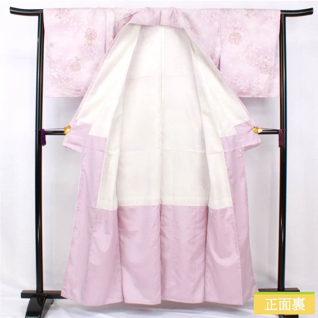 小紋 ポリエステル 身丈158.5cm 裄丈64cm 袷 白藤色(しらふじいろ) 洗える着物 小花 鏡 しつけ糸付き Aランク 紫系 1115005173320