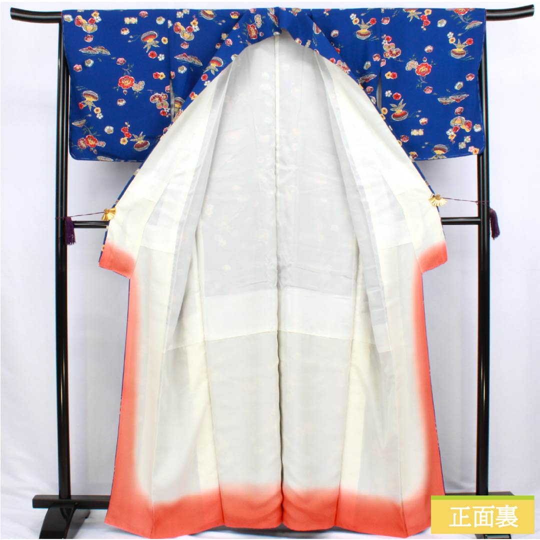 小紋 正絹 Sランク 身丈163.5cm 裄丈66cm 袷 瑠璃色(るりいろ) 型染 吉祥文様 青系 1115006892417