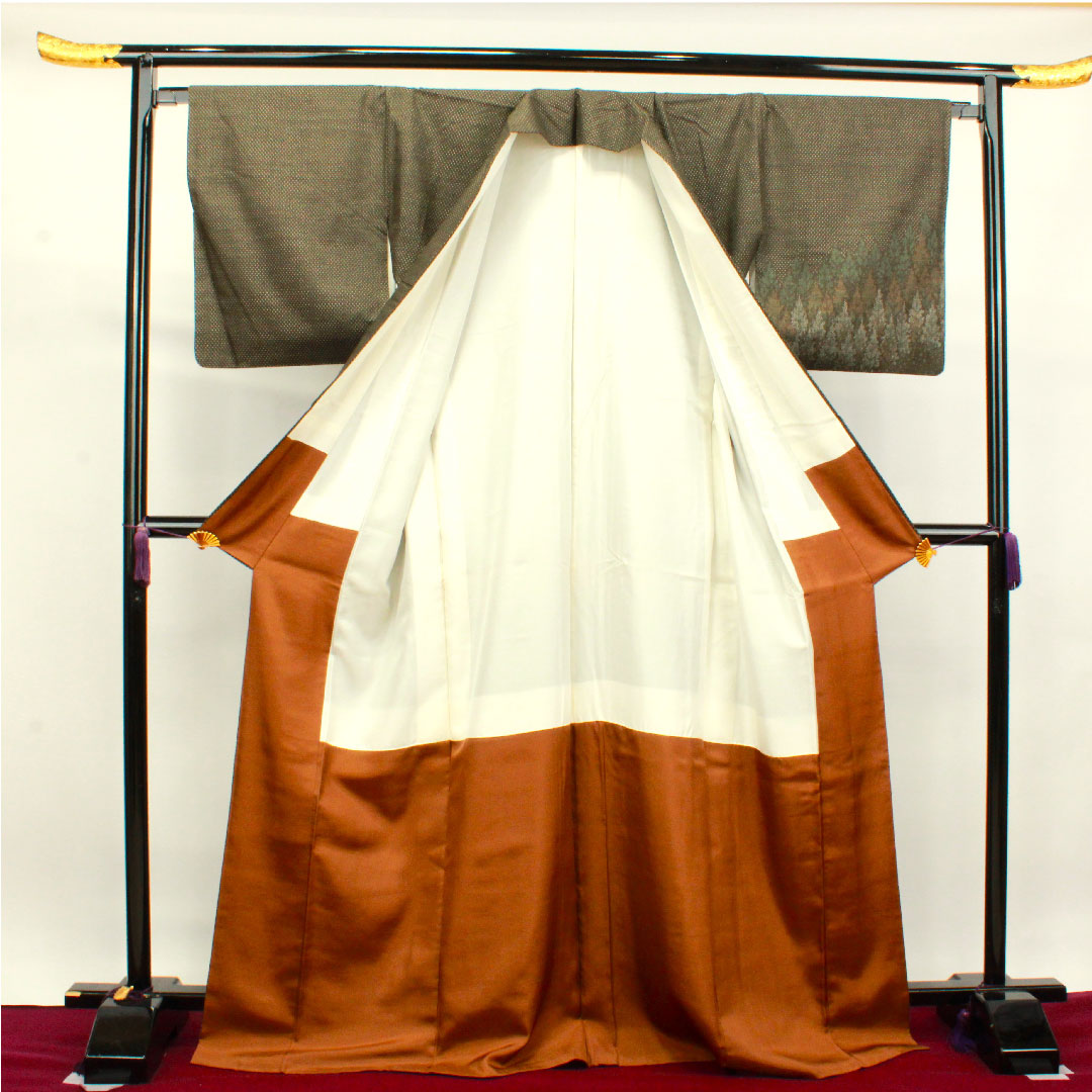 訪問着 正絹 袷 身丈171.5cm 裄丈67cm 墨色 赤城紬 抽象模様 Sランク 茶系 1112003232614