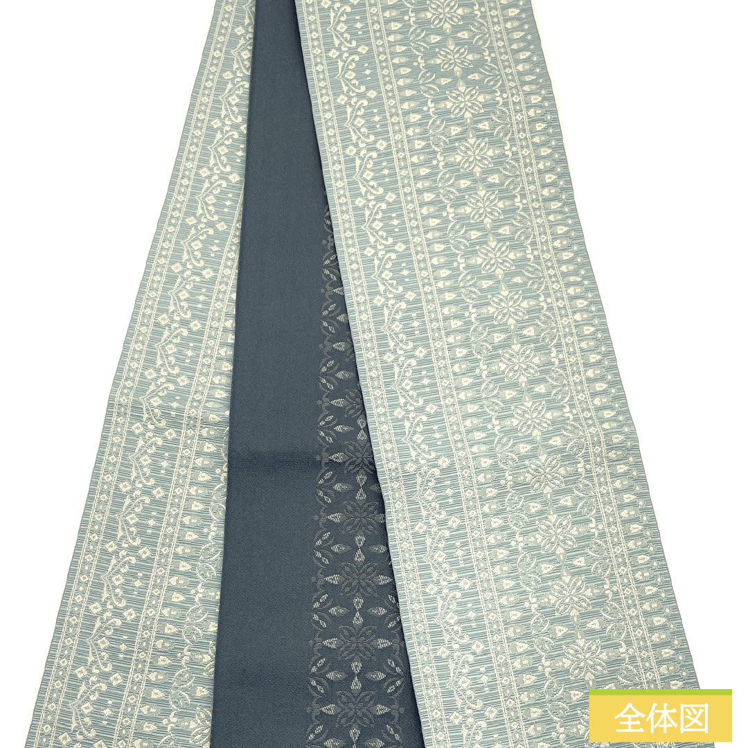 (新品)半幅帯 ポリエステル NEWランク 沈香茶色(とのちゃいろ) 紺滅色(こんげしいろ) 幾何学模様 抽象花模様 リバーシブル 帯丈400cm 青系 1125002551417