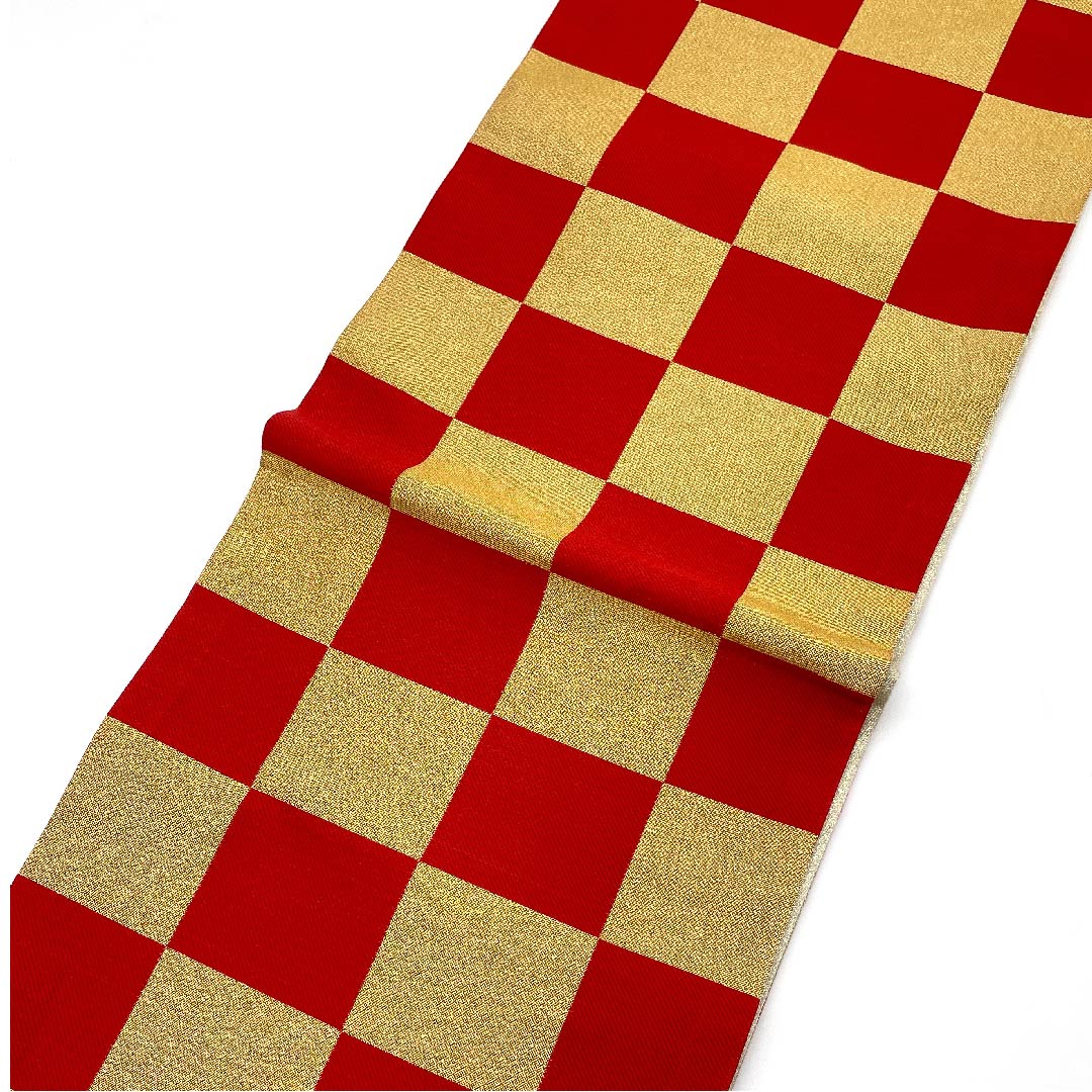 袋帯 金色 振袖用 市松 帯丈432cm 正絹 Aランク 六通 フォーマル 金系 1123006233321