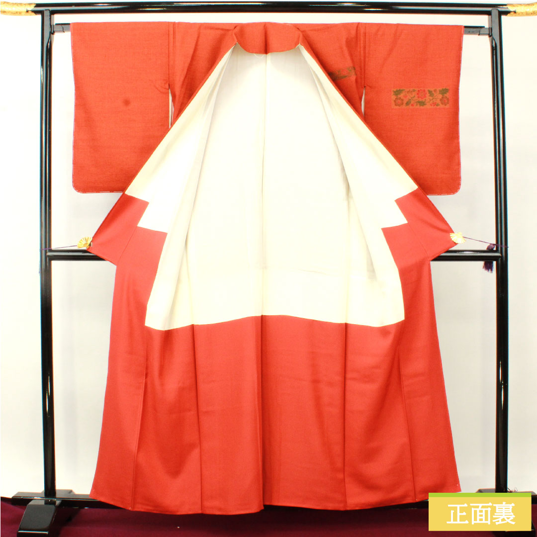 Homongi, pure silk, lined, length 159.5cm, sleeve length 64cm, scarlet, pongee fabric, floral pattern, basting thread included, unused, S rank, orange, 1112004702326