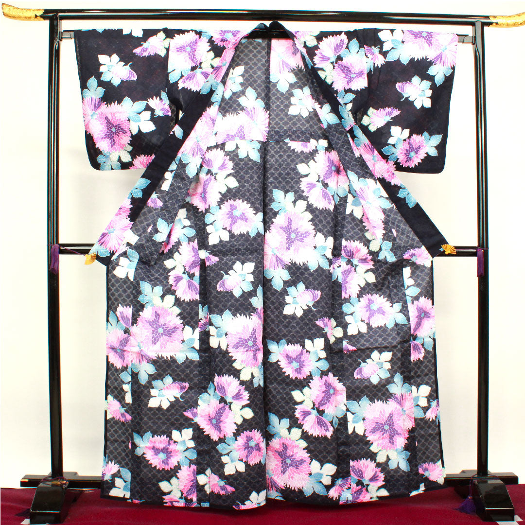 浴衣 濃紺色 菊 木綿 Sランク 単衣 身丈165.5cm 裄丈66.5cm 紺系 1118003212518