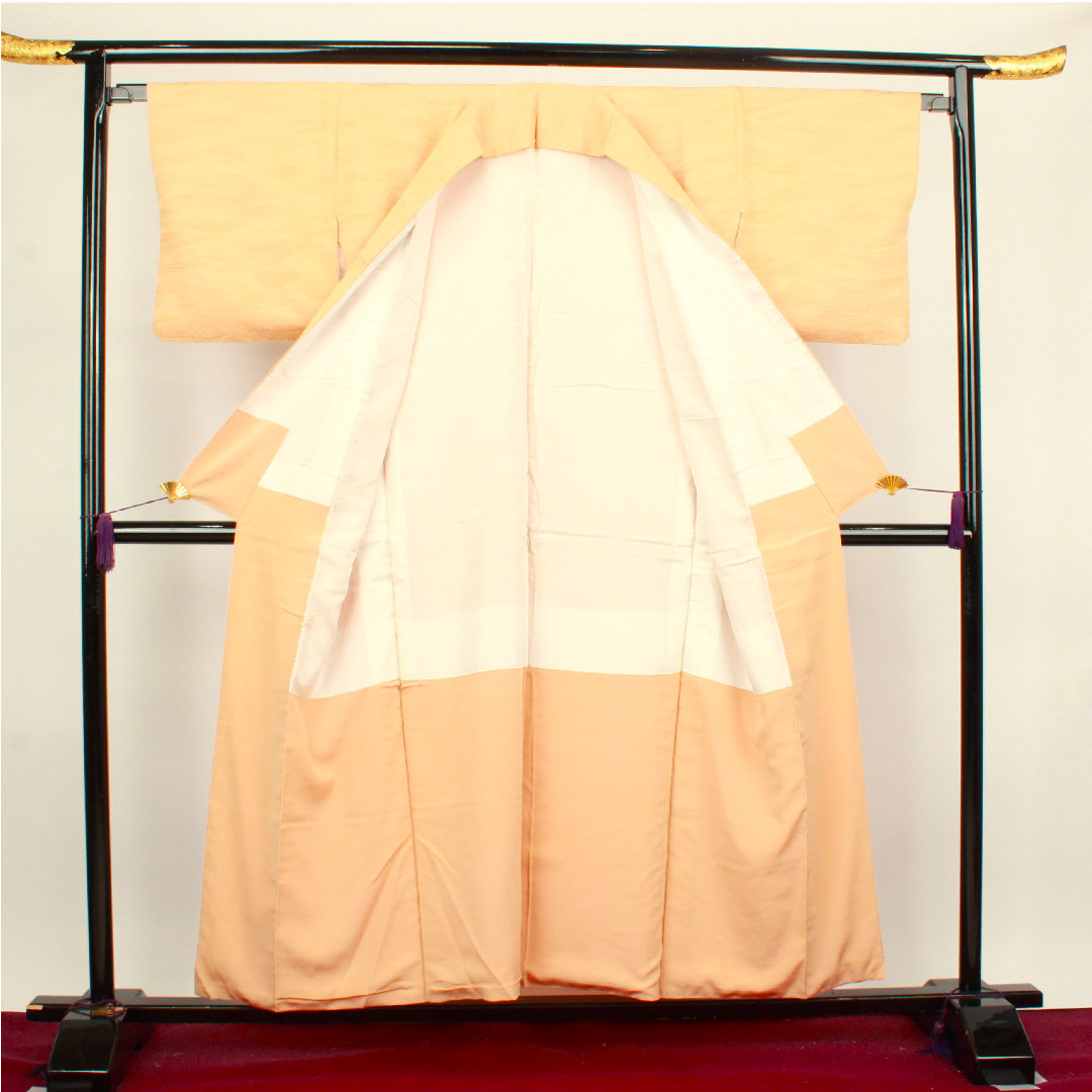 色無地 正絹 淡朽葉色 波 丸に木瓜 身丈153.5cm 裄丈65cm 袷 Sランク 橙系 1114000882226