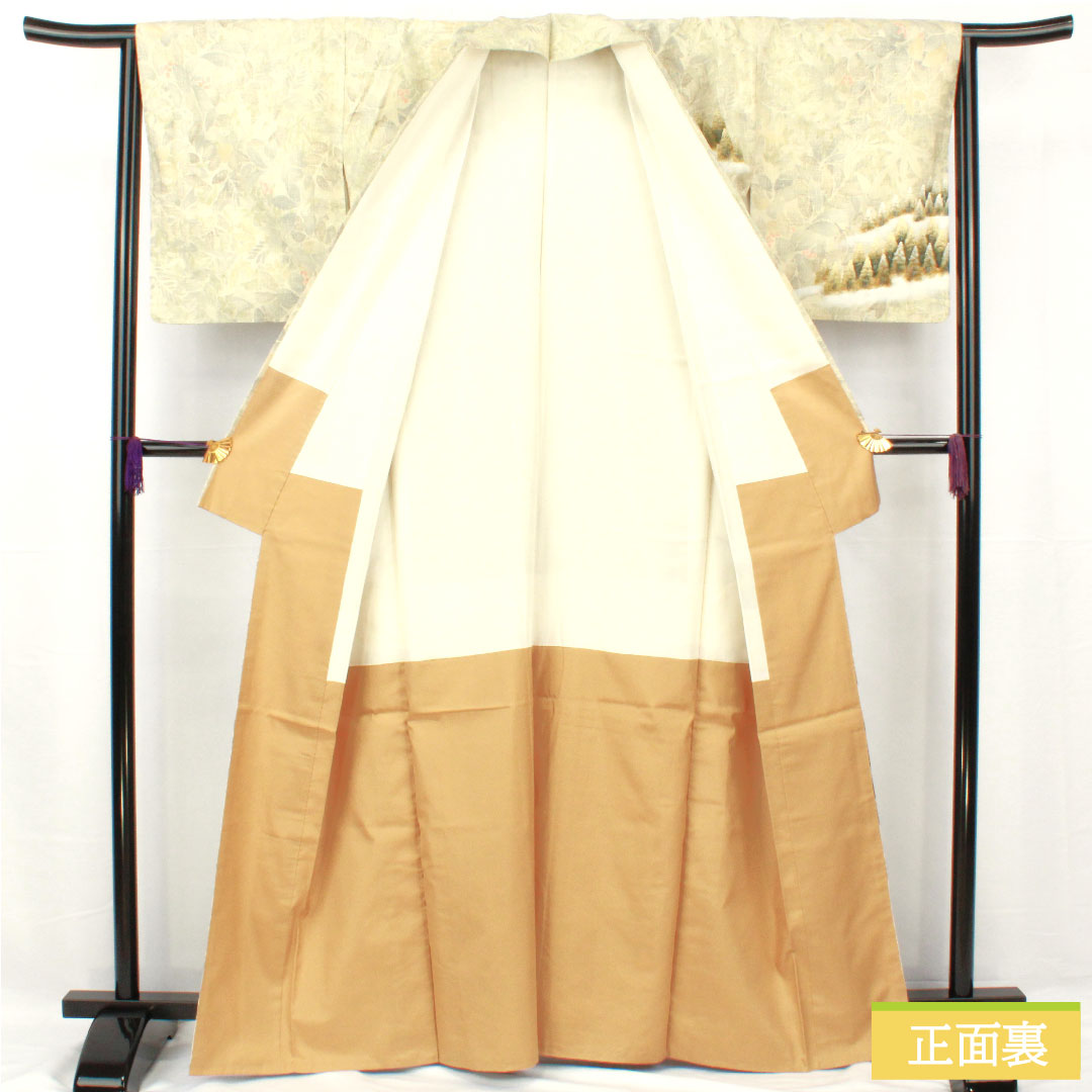 Homongi (formal kimono) made of pure silk, lined, length 163cm, sleeve length 65cm, steamed chestnut color, pongee fabric, landscape pattern, floral pattern, S rank, green, 1112005042419