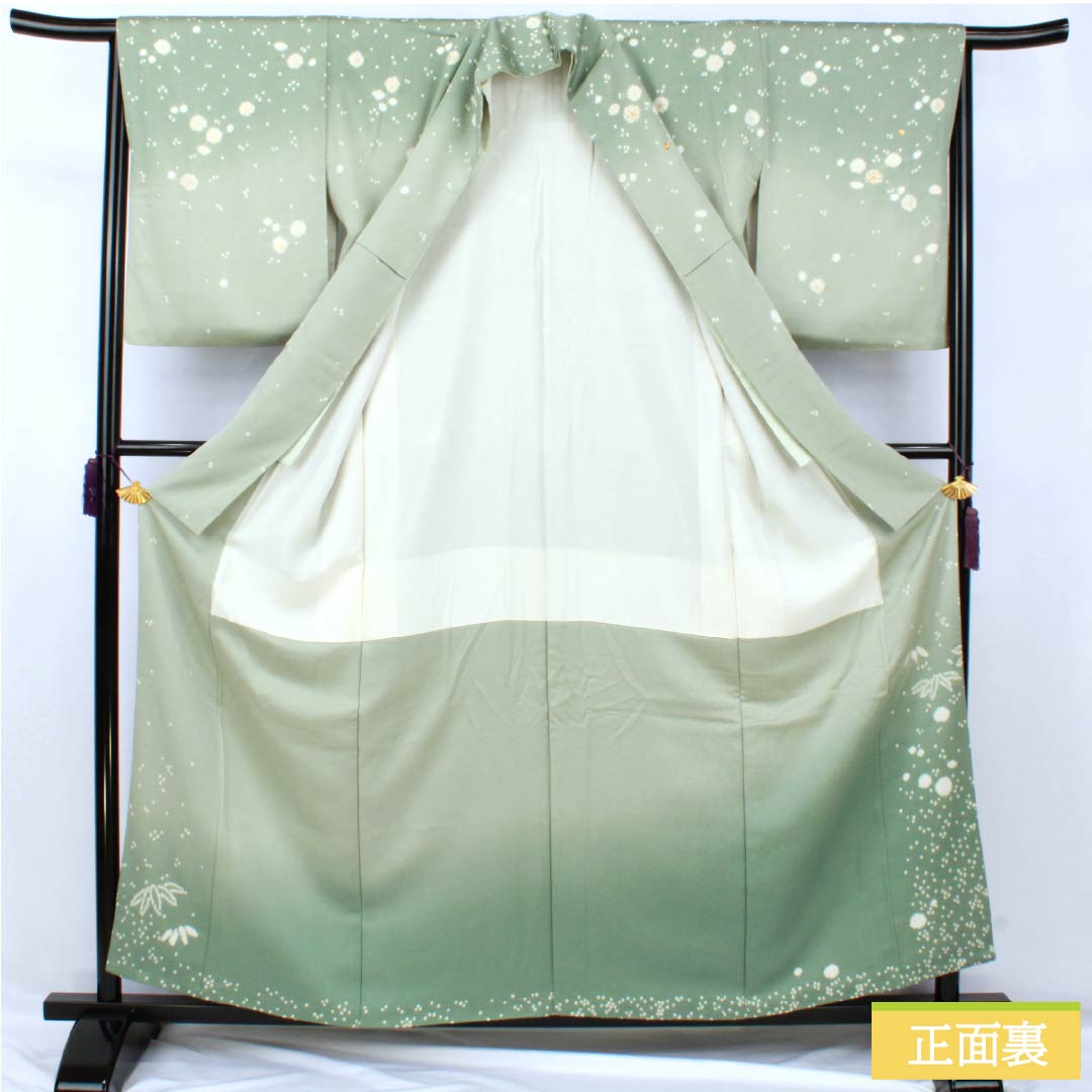 訪問着 正絹 Aランク 袷 身丈158.5cm 裄丈63cm 青磁色(せいじいろ) 一つ紋 金駒刺繍 絞り 重ね衿付き 梅 緑系 1112007333319