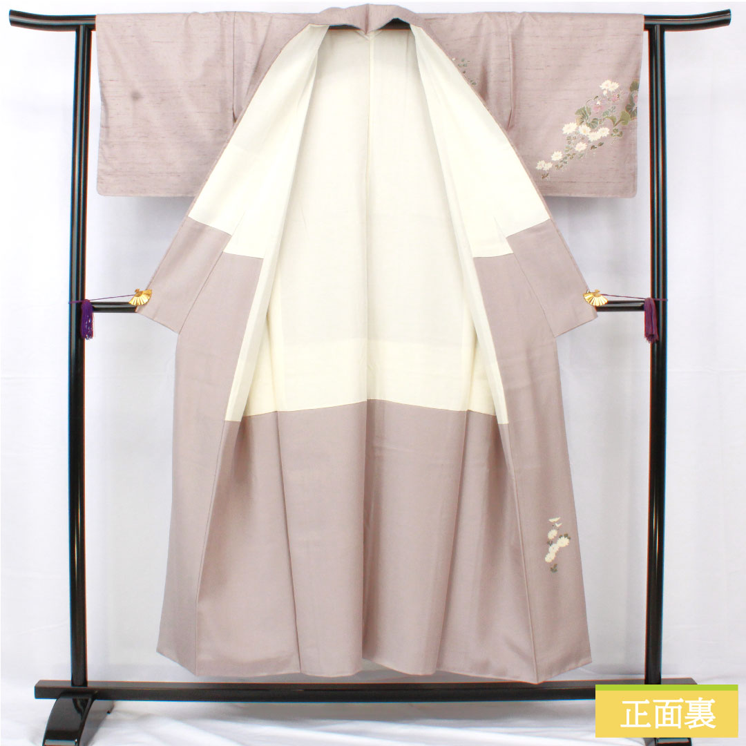Homongi (formal kimono) made of pure silk, lined, length 151.5cm, sleeve length 61cm, dull purple, pongee fabric, cow-neck pongee, floral pattern, S rank, purple, 1112005332220