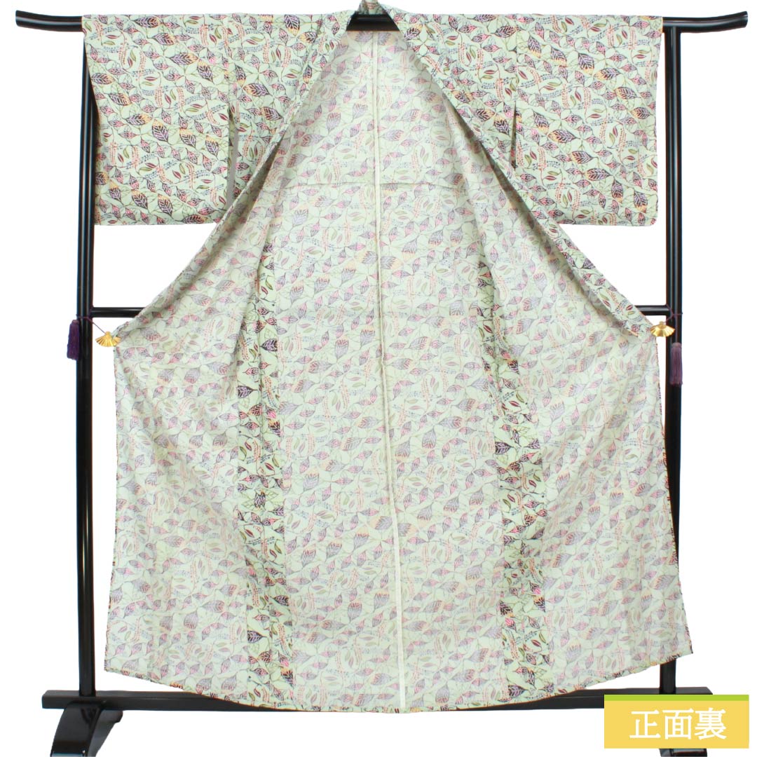 夏物 正絹 小紋 Sランク 身丈160cm 裄丈65cm 薄緑色(うすみどりいろ) 型染 葉模様 絽 緑系 1132005012419