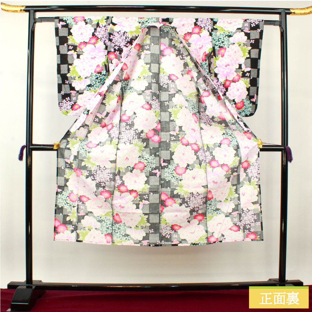 浴衣 木綿 身丈138.5cm 裄丈61.5cm Sランク 単衣 黒系 牡丹 紫陽花 蝶 市松 1118005122110