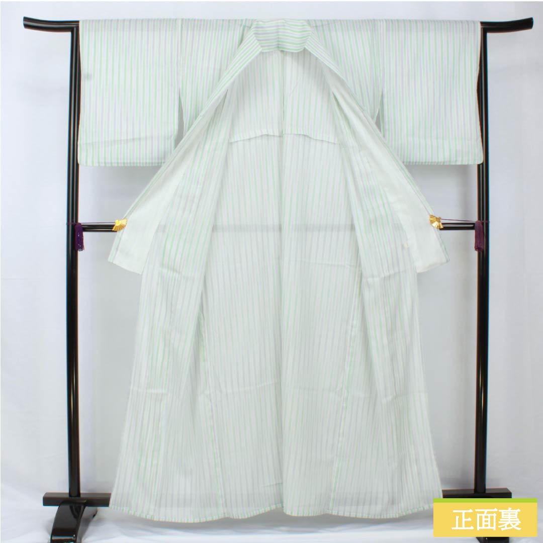 夏物 ポリエステル 小紋 身丈161cm 裄丈64.5cm 縞 洗える着物 絽 Sランク 白系 1132001922411