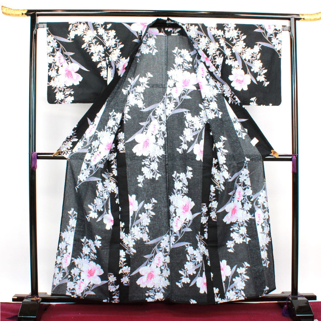 浴衣 牡丹 木綿 Sランク 単衣 身丈158cm 裄丈67.5cm 黒系 1118002112310