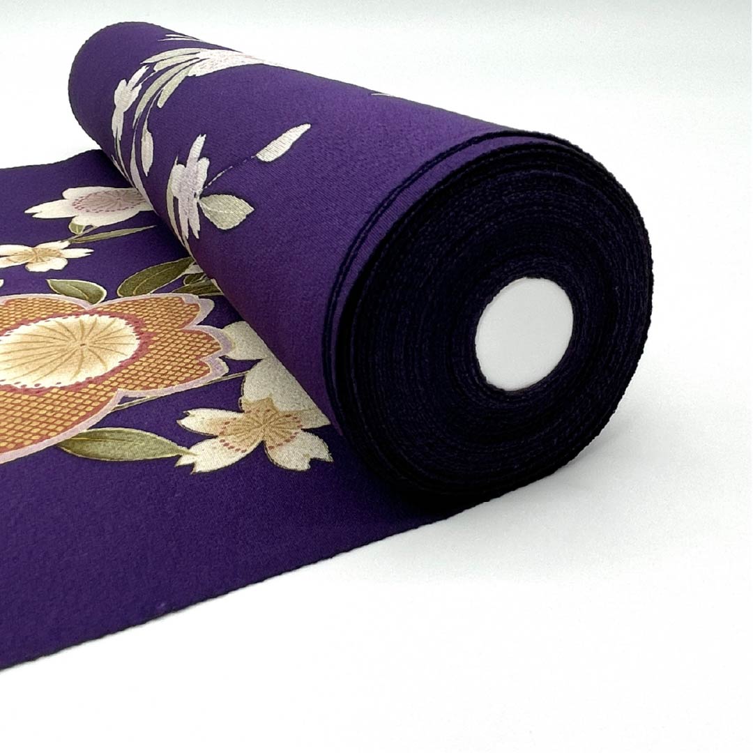 Fabric, Komon, Pure Silk, Eggplant Navy Blue, Tango Chirimen, Cherry Blossom, Floral Pattern, New Rank, Purple, 1130001091920