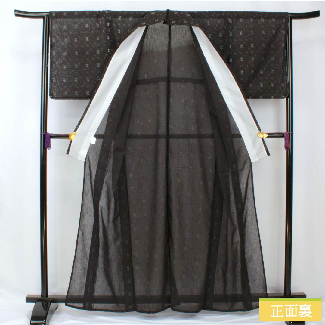 Summer kimono, polyester, small pattern, length 162cm, sleeve length 65cm, Ryukyu Kasuri style, washable kimono, gauze, S rank, black, 1132001952410