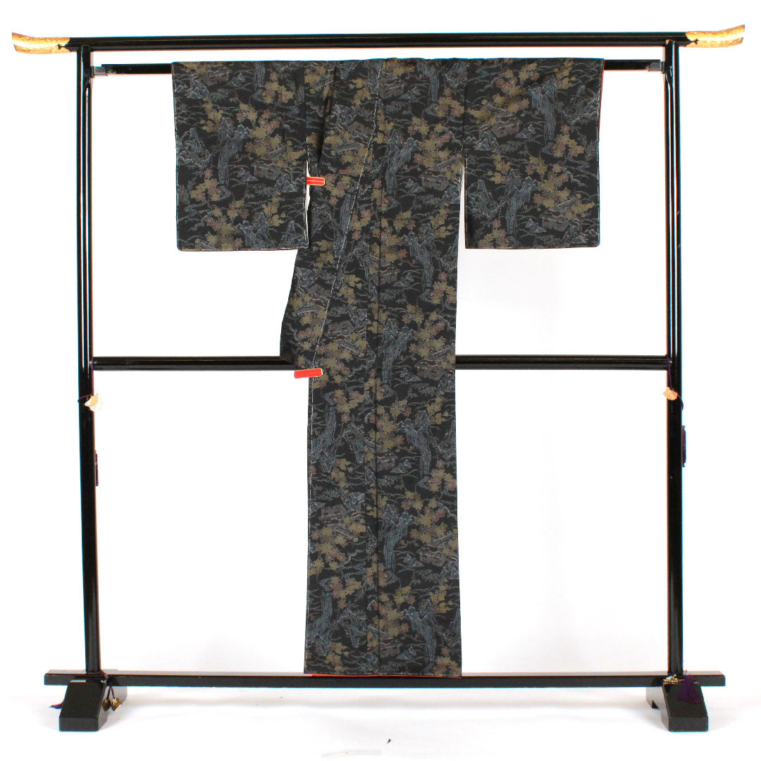 Oshima Tsumugi, Length 156cm, Sleeve length 64cm, Weft Kasuri, Landscape pattern, Pure silk, A rank, Lined, Black, 1116001573310