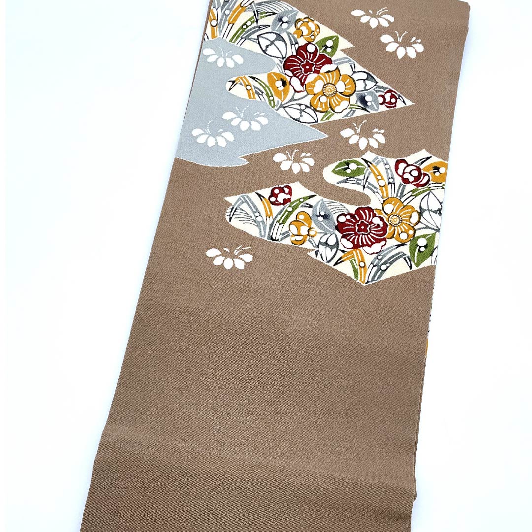 名古屋帯 小鹿色 京紅型 栗山工房 辻ヶ花模様 帯丈376.5cm 正絹 Sランク ポイント柄 カジュアル 茶系 1124005192314 名古屋仕立て