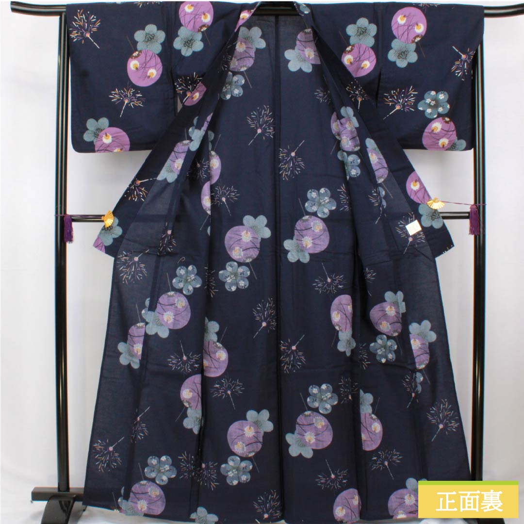 浴衣 木綿 身丈165cm 裄丈65.5cm Sランク 単衣 紺系 濃紺色(のうこんいろ) うちわ 花火 1118006652518