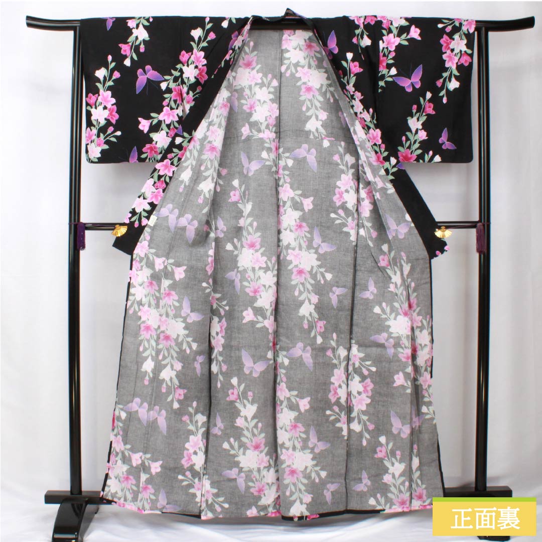 浴衣 木綿 身丈163cm 裄丈64cm Sランク 単衣 黒系 鉄線 蝶 1118006082410