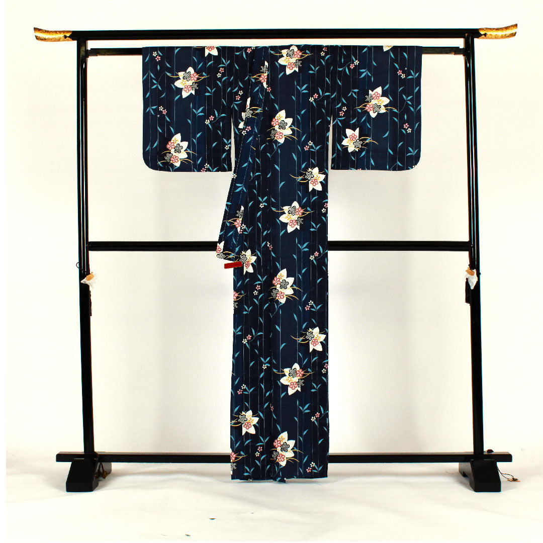 浴衣 花模様 木綿 Sランク 単衣 身丈165cm 裄丈66cm 青系 1118000812517