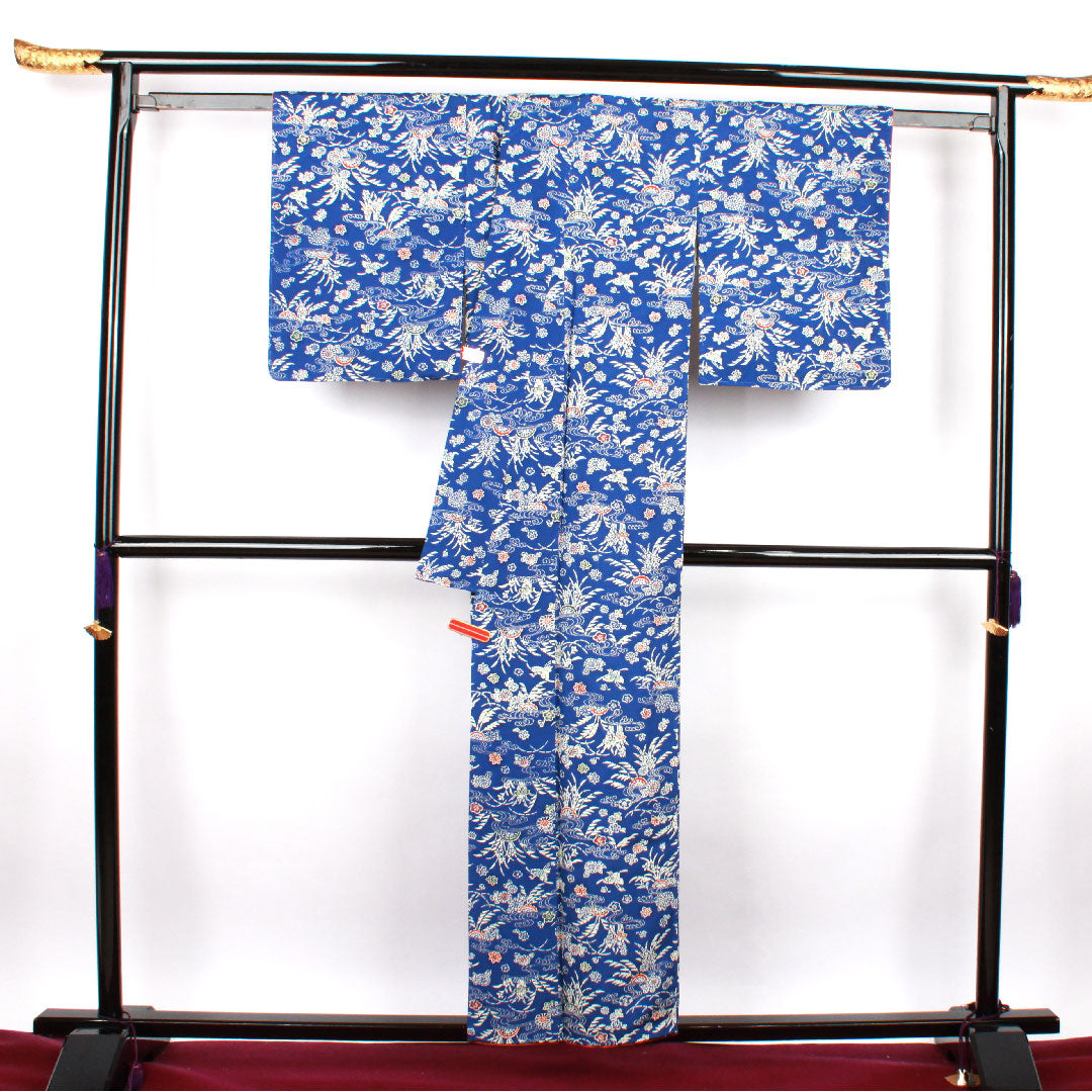 小紋 身丈157.5cm 裄丈61cm 袷 瑠璃紺色 型染 草花模様 正絹 Sランク 青系 1115002202317