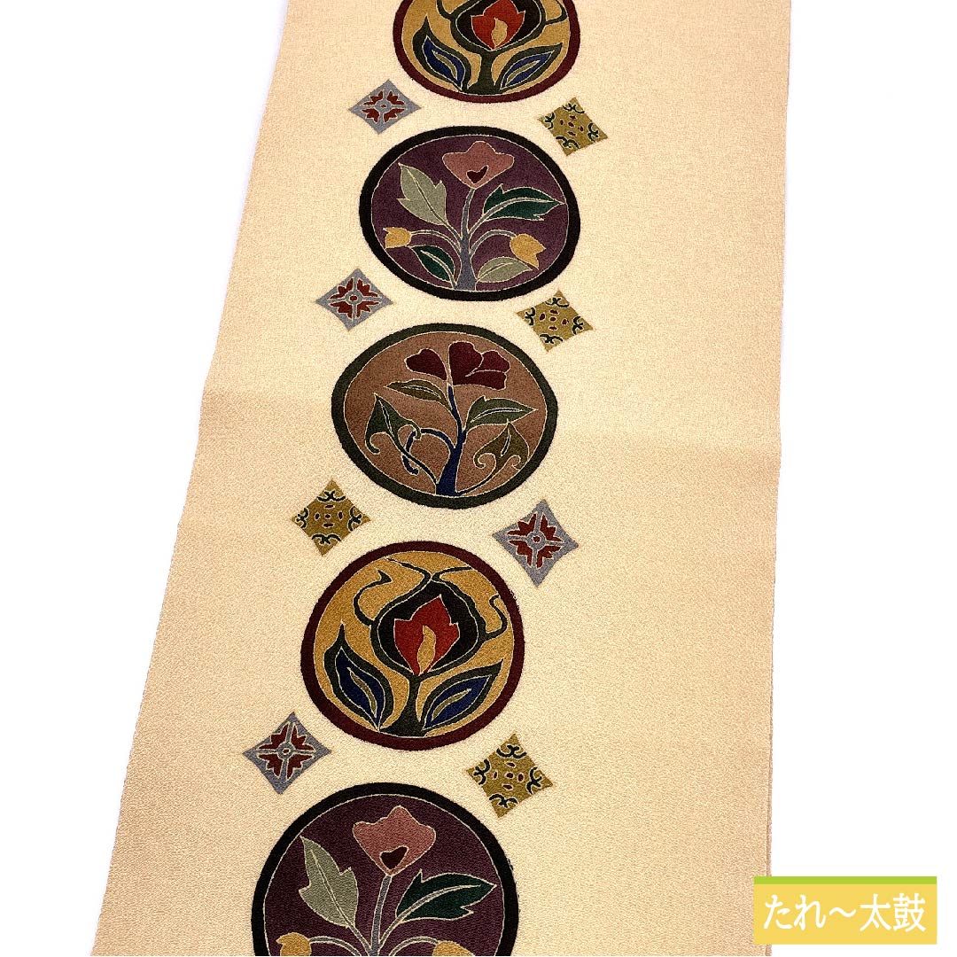 Nagoya obi, pure silk, light persimmon color, abstract floral pattern, crepe fabric, long, obi length 383cm, S rank, point pattern, casual, beige, 1124006322425, Nagoya style