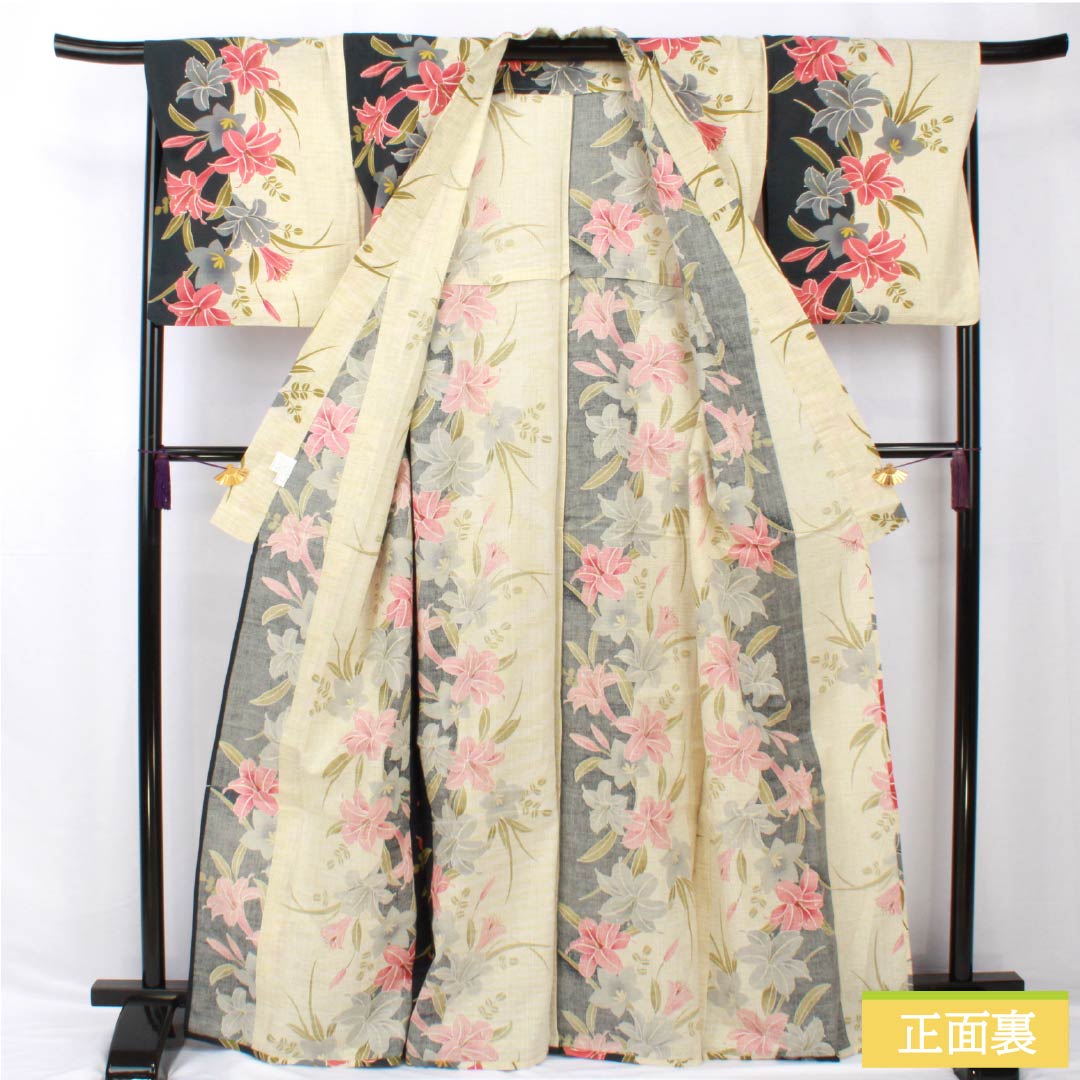 Yukata Cotton Linen Length 166.5cm Sleeve length 69.5cm A rank Single layer Beige Geouiro (Fang yellow) Lily Bellflower 1118005443525