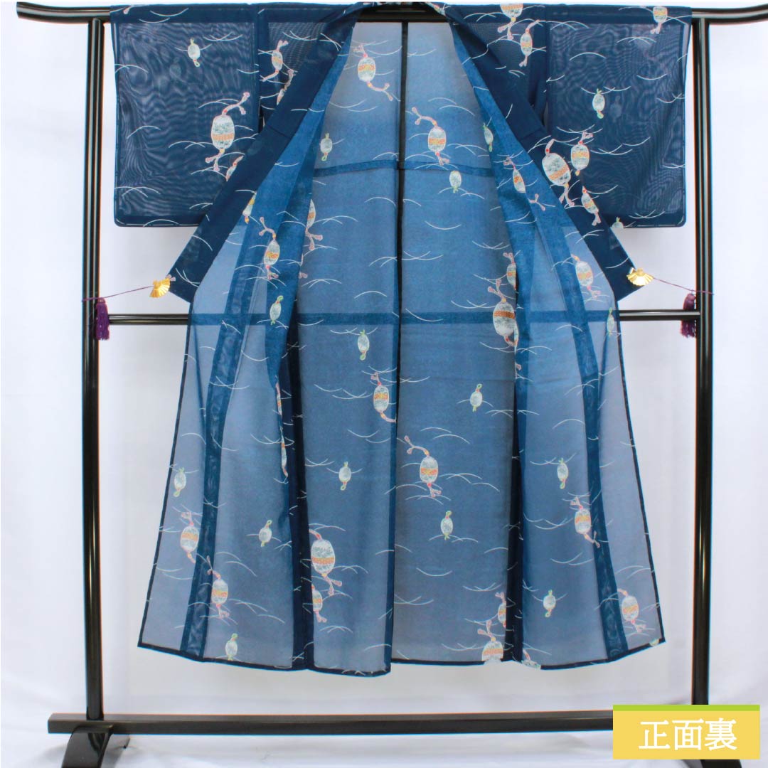 夏物 ポリエステル 小紋 身丈146cm 裄丈63cm 紺色(こんいろ) 手毬 洗える着物 絽 Sランク 紺系 1132002502118