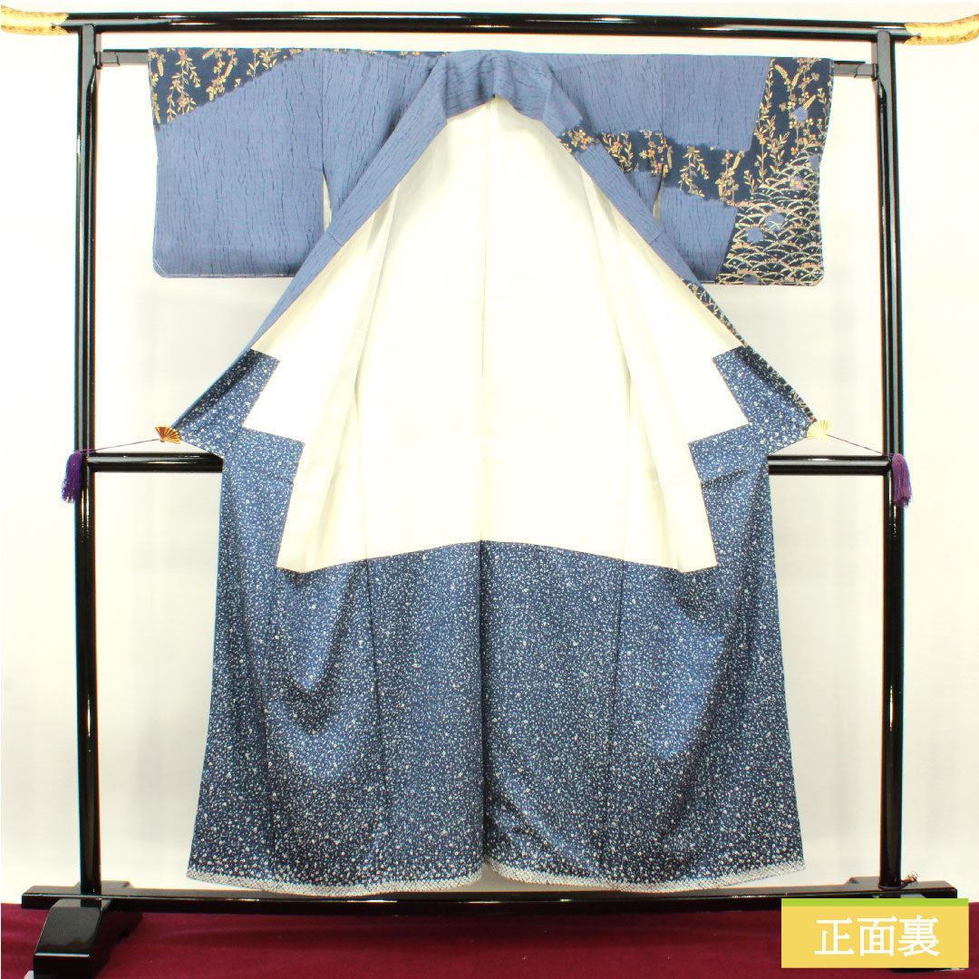 訪問着 正絹 袷 身丈155cm 裄丈62cm 江戸納戸色 京友禅 絞り しつけ糸付き 未使用品 Sランク 青系 1112003872317
