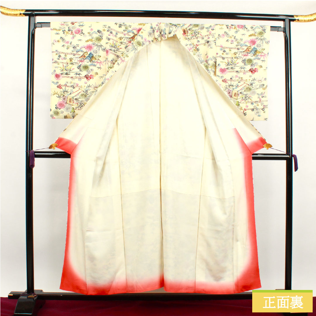小紋 正絹 身丈154.5cm 裄丈62.5cm 袷 乳白色 紬地 京紅型 松竹梅 花車 流水 Sランク クリーム系 1115003542215