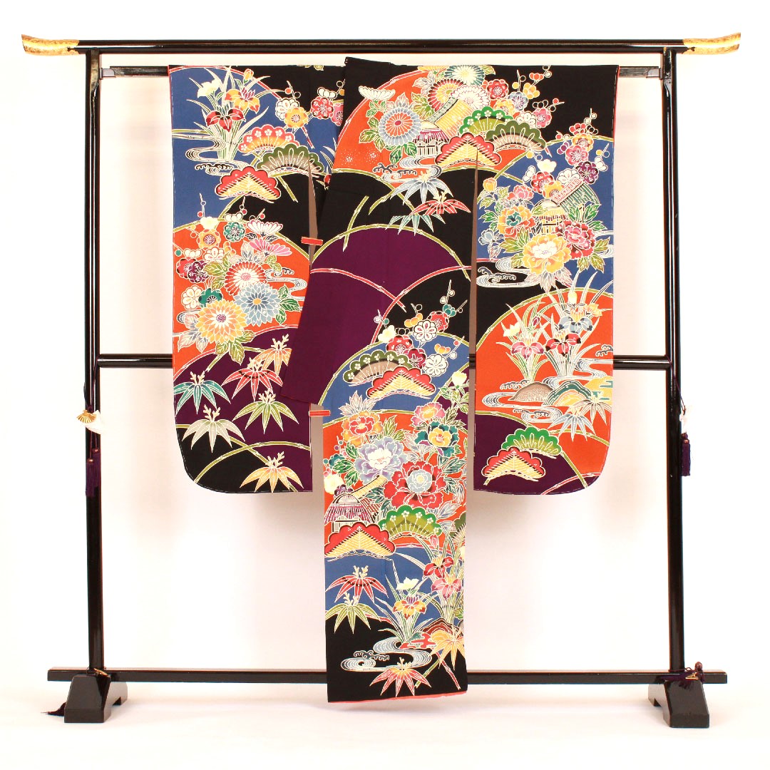 振袖 身丈160cm 裄丈68cm 袷 京紅型 松竹梅 正絹 Aランク 黒系 1113000363410