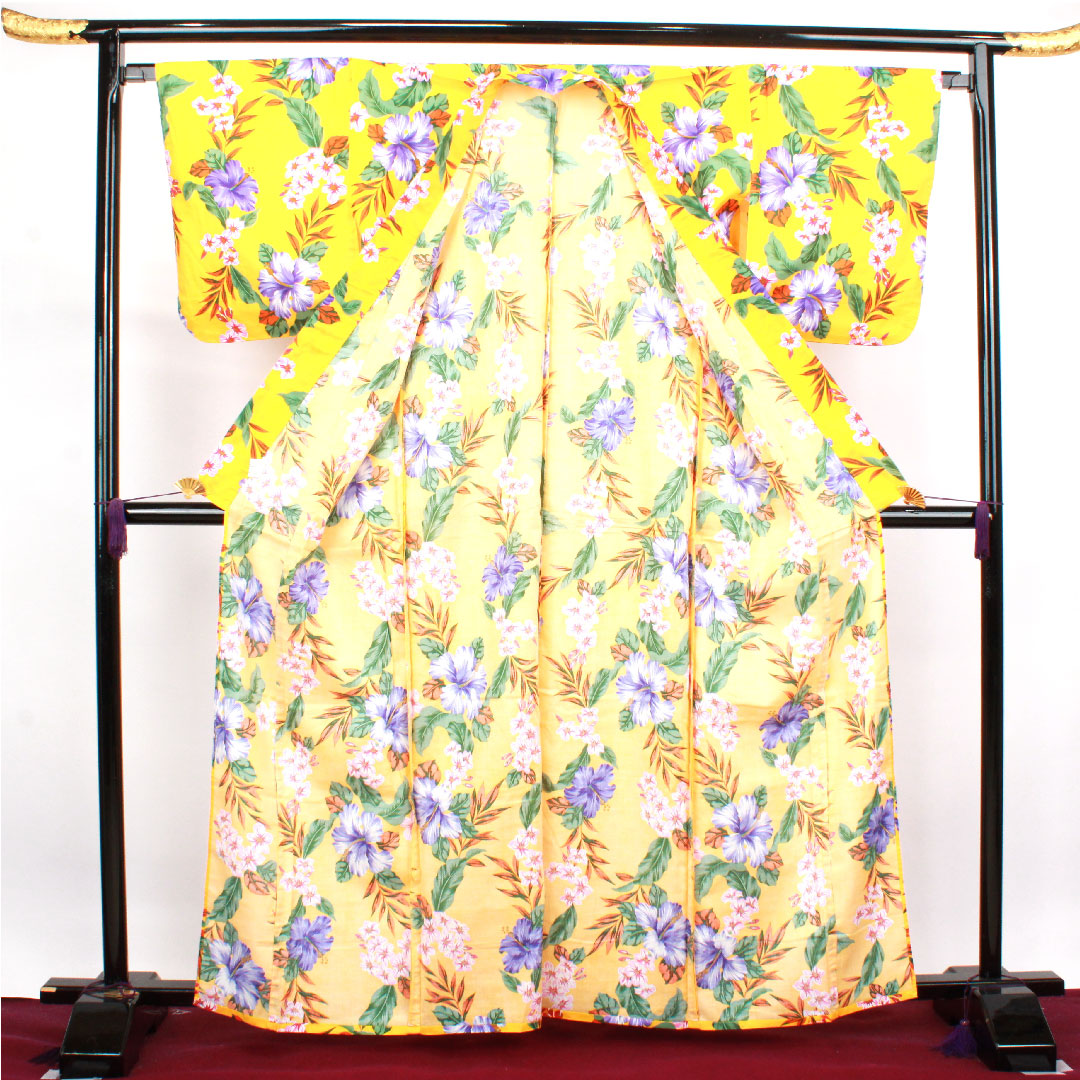 浴衣 山吹色 ハイビスカス 木綿 Sランク 単衣 身丈165cm 裄丈67.5cm 黄系 1118003262523