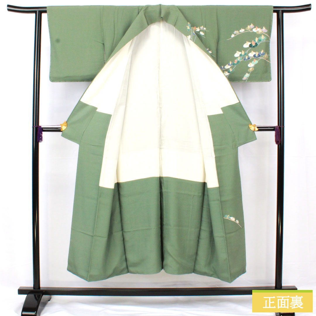 訪問着 正絹 袷 身丈146.5cm 裄丈60cm 琅玕色(ろうかんいろ) 京友禅 抽象模様 しつけ糸付き 未使用品 Sランク 緑系 1112005102119