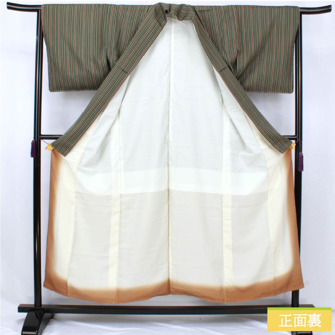 小紋 正絹 Sランク 身丈152cm 裄丈64.5cm 袷 利休鼠色(りきゅうねずみいろ) 縞 しつけ糸付き 緑系 1115007682219