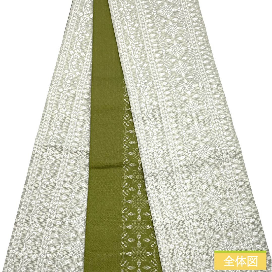(New) Half-width obi, polyester, NEW rank, kinu-nezuiro (silvery gray) and baikōcha-iro (dark greenish brown), abstract floral pattern, reversible, obi length 400cm, green family, 1125002781419