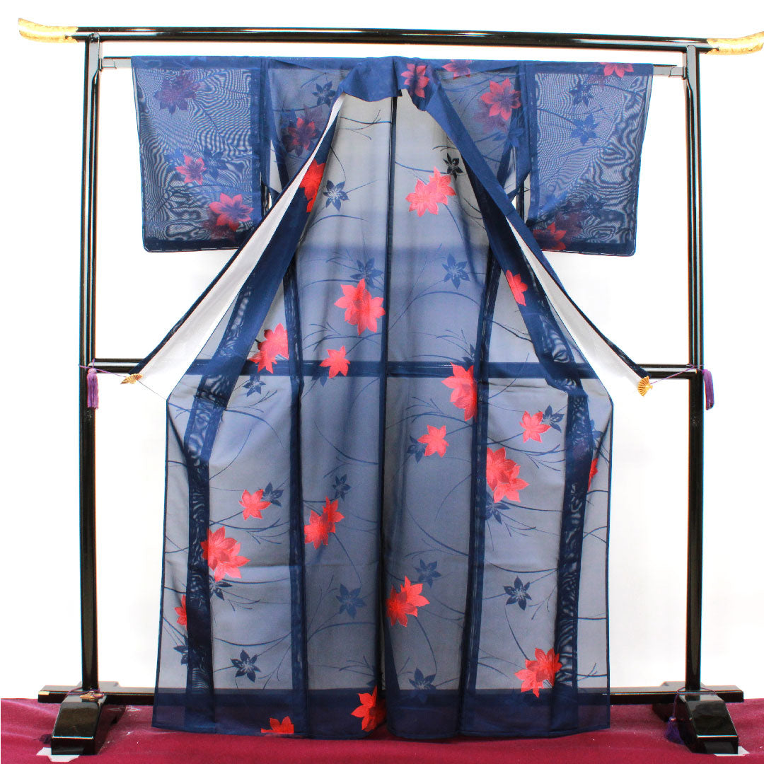 夏物 正絹 小紋 身丈168cm 裄丈63.5cm 紺桔梗色(こんききょういろ) 草花模様 しつけ糸付き 未使用品 紗 Sランク 紺系 1132001282518