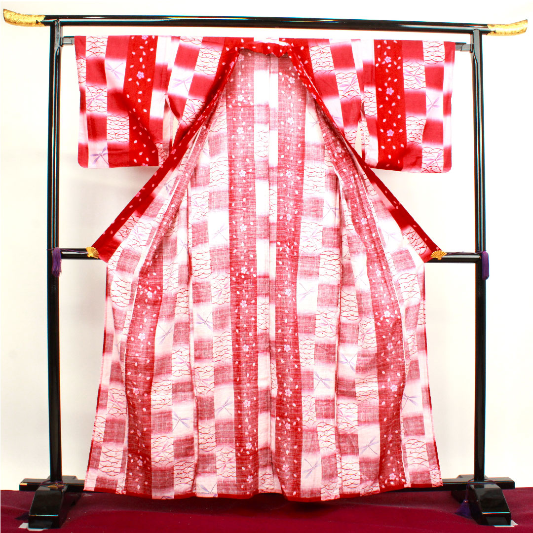 浴衣 茜色 トンボ 桜 市松 露芝 木綿 Sランク 単衣 身丈162cm 裄丈64.5cm 赤系 1118003992412