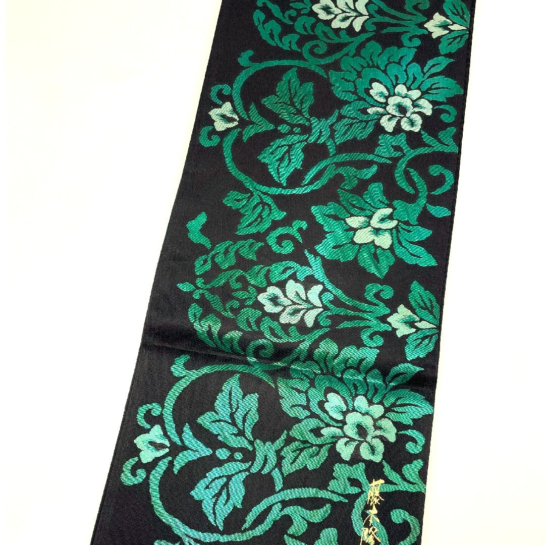 (未仕立)袋帯 黒色 花唐草 藤本隆士 螺鈿作家 帯丈466cm 正絹 NEWランク 六通 フォーマル 黒系 1123009051410